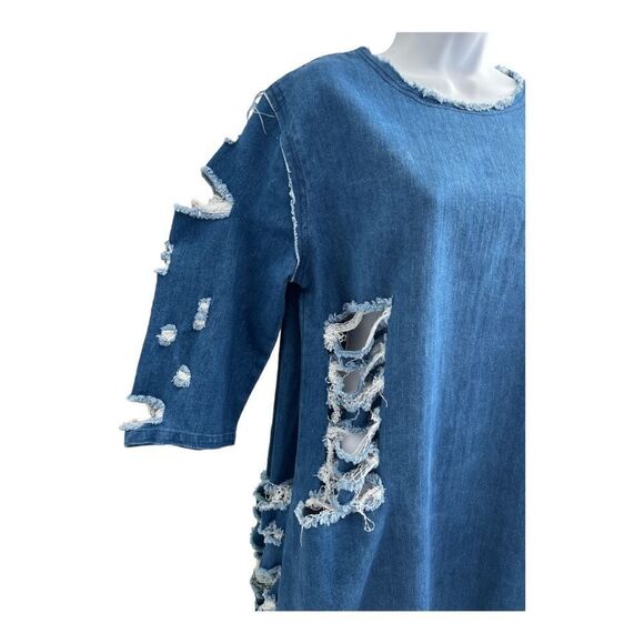 FASHION NOVA Distressed Hi-lo Denim Dress Size L. - Picture 4 of 7